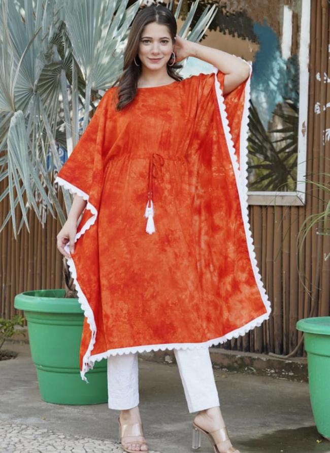 Silk Orange Casual Wear Printed Readymade Kaftan